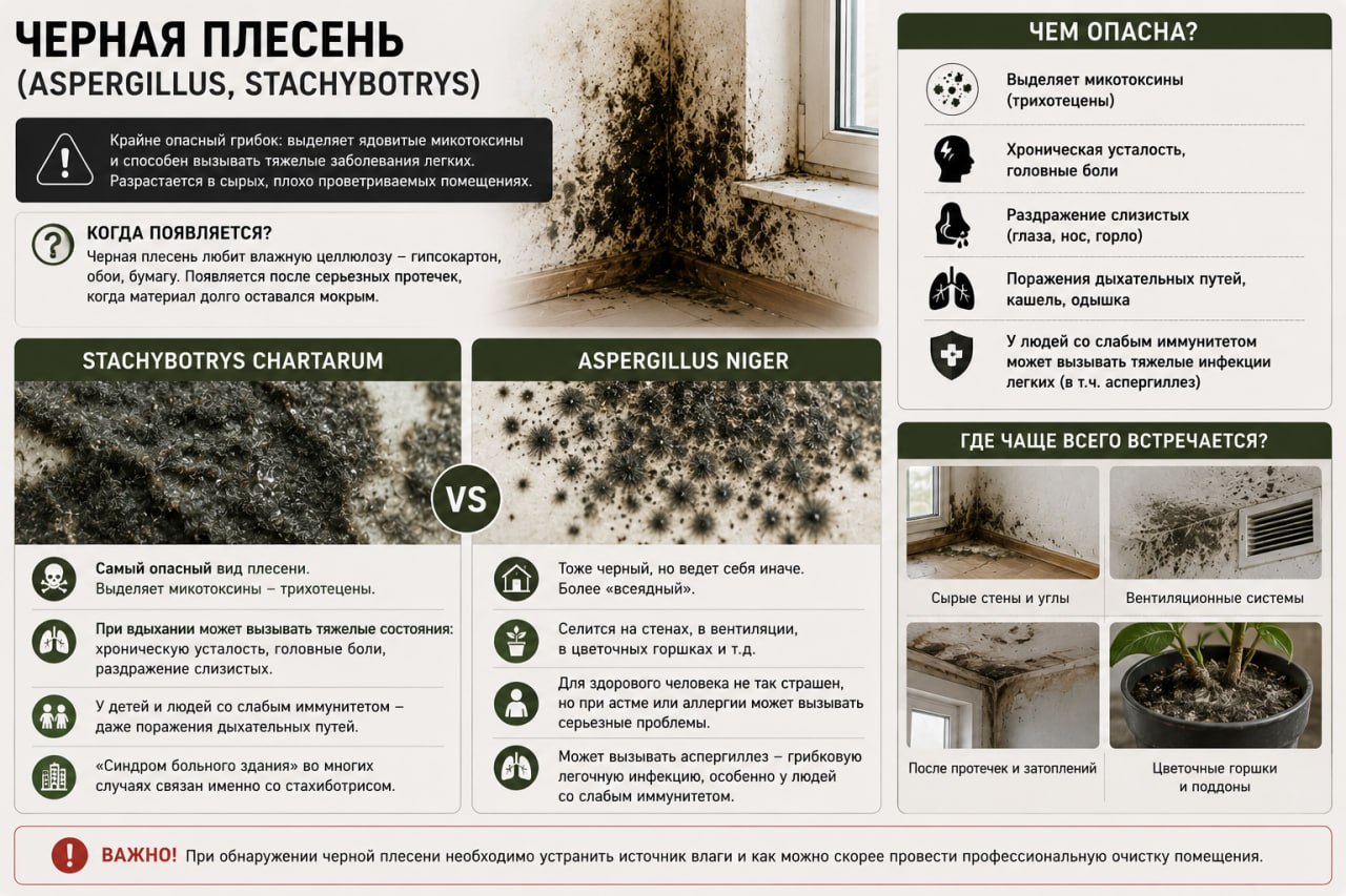 Черная плесень (Aspergillus, Stachybotrys)